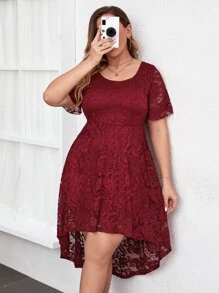 SHEIN Clasi Plus High Low Hem Lace Dress - Burgundy - View 4