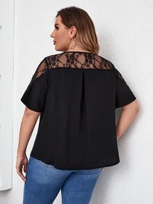 Camiseta con encaje en contraste - Negro - Ver 2