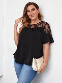 Camiseta con encaje en contraste - Negro - Ver 1