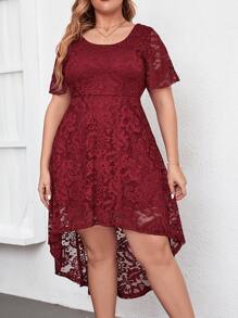 SHEIN Clasi Plus High Low Hem Lace Dress - Burgundy - View 6