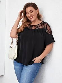 Camiseta con encaje en contraste - Negro - Ver 4