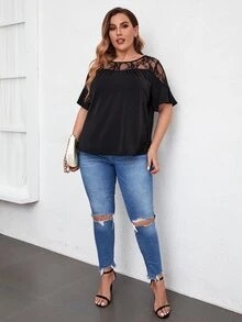 Camiseta con encaje en contraste - Negro - Ver 5