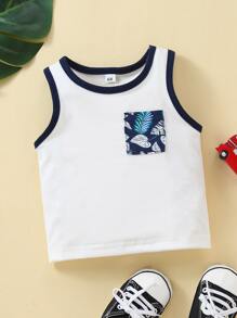 Baby Boy Tropical Print Patched Pocket Contrast Binding Tank Top - White - View 1