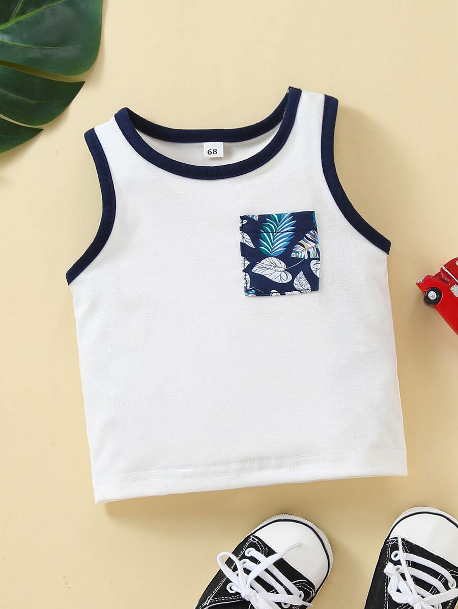 Baby Boy Tropical Print Patched Pocket Contrast Binding Tank Top - White - View 1