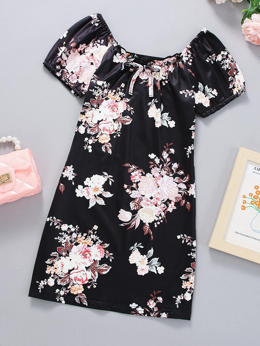 Đầm bé gái viền lá sen Thắt nút Hoa Ăn mặc đẹp - màu đen - Xem 1