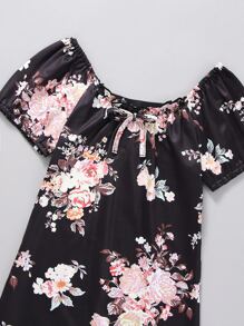 Đầm bé gái viền lá sen Thắt nút Hoa Ăn mặc đẹp - màu đen - Xem 3