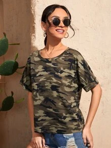 SHEIN Unity Camo Print Batwing Sleeve Twist Detail Tee - Multicolor - View 3