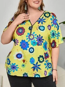 Áo sơ mi Plus Size Nhẫn Dây kéo Hoa Giải trí - Màu vàng - Xem 5