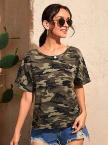 SHEIN Unity Camo Print Batwing Sleeve Twist Detail Tee - Multicolor - View 5