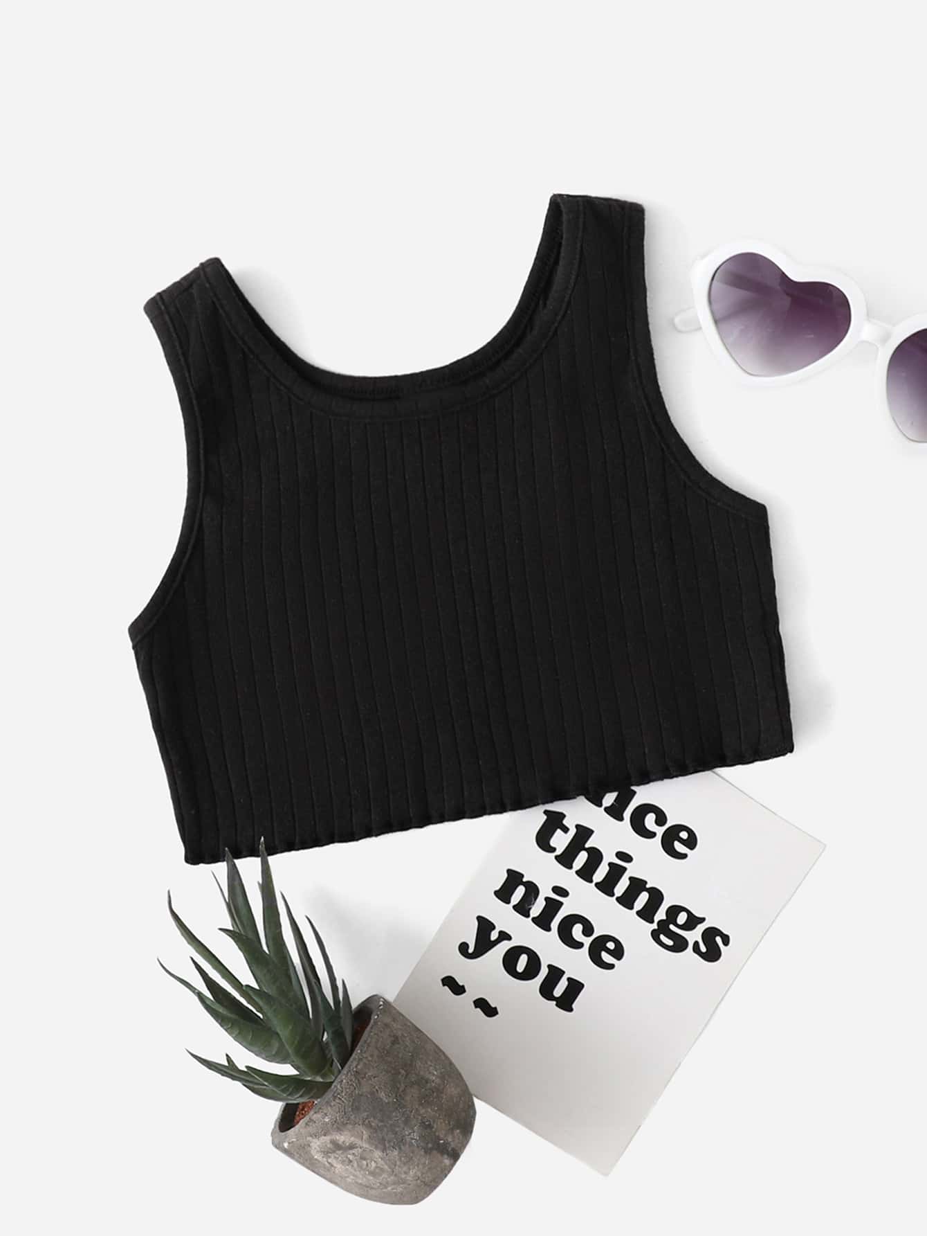 SHEIN Toddler Girls Lettuce Trim Tank Top - Black - View 1