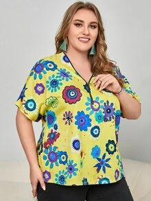 Áo sơ mi Plus Size Nhẫn Dây kéo Hoa Giải trí - Màu vàng - Xem 4