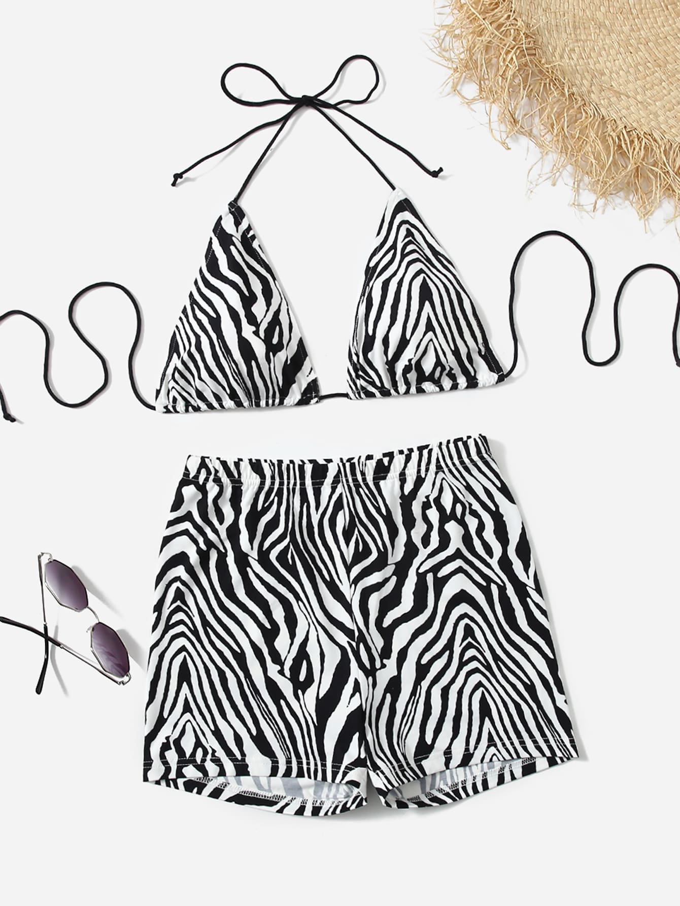 SHEIN VCAY Tie Backless Zebra Striped Halter Top and Shorts Set - Black and White - View 1