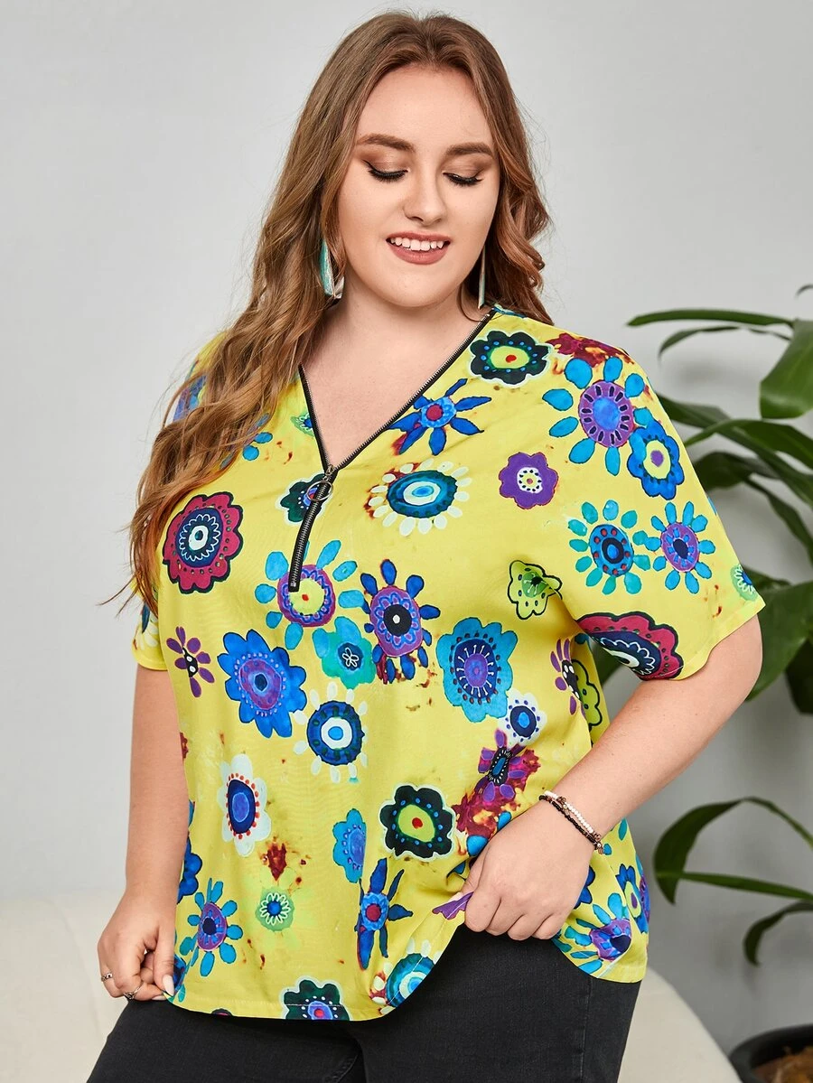 Áo sơ mi Plus Size Nhẫn Dây kéo Hoa Giải trí - Màu vàng - Xem 1
