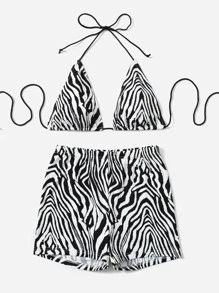 SHEIN VCAY Tie Backless Zebra Striped Halter Top and Shorts Set - Black and White - View 4