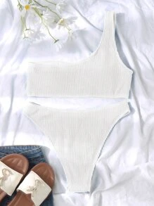 SHEIN Swim Summer Beach Plain One Shoulder Bikini - White - View 3