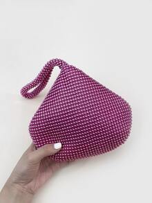 Beaded Decor Snap Button Novelty Bag - Hot Pink - View 5