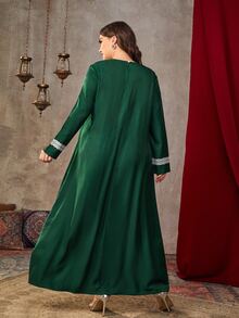 大碼提花蕾絲貝殼邊拼接滾邊長連衣裙 - 墨綠色 - 查看 2