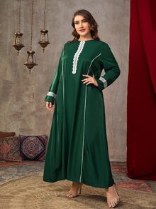 大碼提花蕾絲貝殼邊拼接滾邊長連衣裙 - 墨綠色 - 查看 4