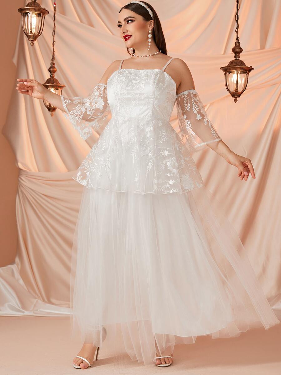 SHEIN Belle Plus Floral Embroidery Mesh Wedding Dress With Arm Sleeve - White - View 1