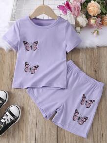 SHEIN Young Girl Butterfly Print Tee & Shorts - Lilac Purple - View 1