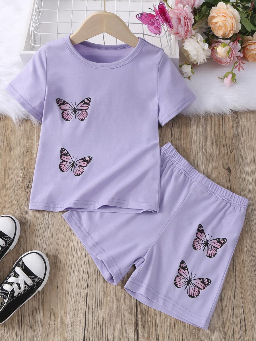 SHEIN Young Girl Butterfly Print Tee & Shorts - Lilac Purple - View 1