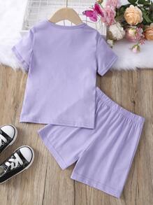 SHEIN Young Girl Butterfly Print Tee & Shorts - Lilac Purple - View 2