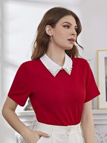 Modelyn Burgundy Red Contrast Collar Rhinestone Faux Pearls Beaded Blouse,Short Sleeve Tops