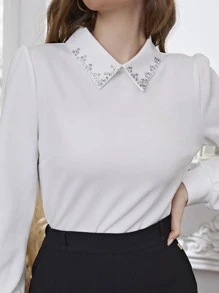 Modelyn Rhinestone Keyhole Back Puff Sleeve Blouse