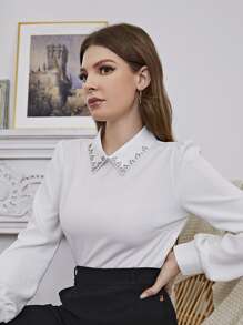 Modelyn Rhinestone Keyhole Back Puff Sleeve Blouse