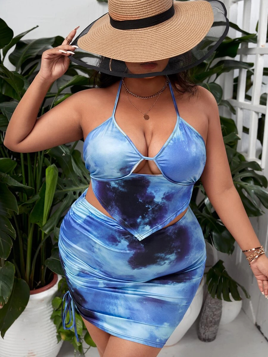 SHEIN SXY 大碼紮染方巾下擺後背繫帶掛脖上衣和褶邊包臀半身裙 - 藍色 - 查看 1