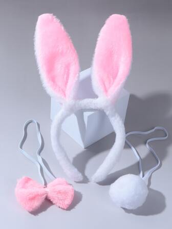 3pcs/Set Rabbit Ears Headband, Pom Pom Tail, Bowknot Set For Party Costume Role Play