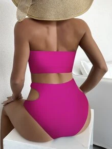 Ring Linked Bandeau High Waisted Bikini Summer - Hot Pink - View 2