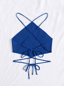 Crisscross Knotted Backless Rib Knit Top - Blue - View 2