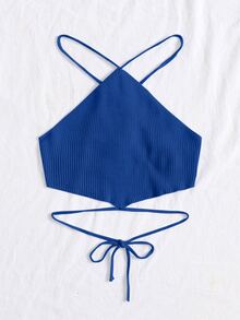 Crisscross Knotted Backless Rib Knit Top - Blue - View 3