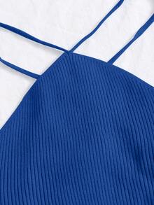 Crisscross Knotted Backless Rib Knit Top - Blue - View 5
