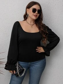 Áo thun Plus size Lộ Lưng Xù Buộc lại màu trơn Giải trí - màu đen - Xem 1