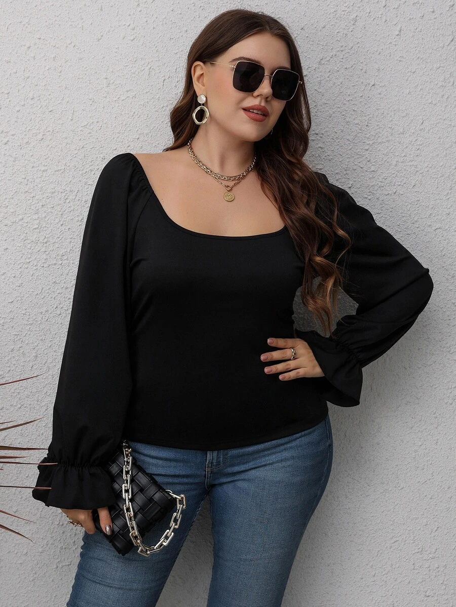 Áo thun Plus size Lộ Lưng Xù Buộc lại màu trơn Giải trí - màu đen - Xem 1