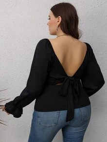 Áo thun Plus size Lộ Lưng Xù Buộc lại màu trơn Giải trí - màu đen - Xem 2