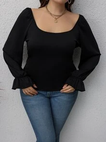 Áo thun Plus size Lộ Lưng Xù Buộc lại màu trơn Giải trí - màu đen - Xem 3