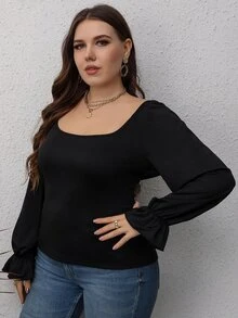 Áo thun Plus size Lộ Lưng Xù Buộc lại màu trơn Giải trí - màu đen - Xem 5