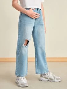 SHEIN Niñas Jeans desgarro con lavado ligero - Lavado ligero - Ver 3
