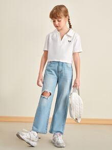 SHEIN Niñas Jeans desgarro con lavado ligero - Lavado ligero - Ver 5