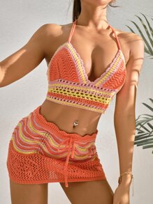 2 Packs Striped Knitted Cover Up Top With Skirt - Coral Orange - View 1