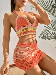 2 Packs Striped Knitted Cover Up Top With Skirt - Coral Orange - View 3