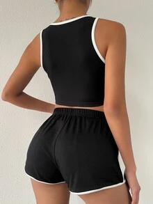 con cremallera Top tank ringer con Shorts deportivos Conjunto - Negro - Ver 2