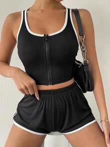 con cremallera Top tank ringer con Shorts deportivos Conjunto - Negro - Ver 3