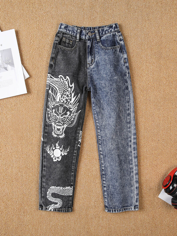 Niñas Jeans dragón chino & con estampado de sol de dos tonos Moda de