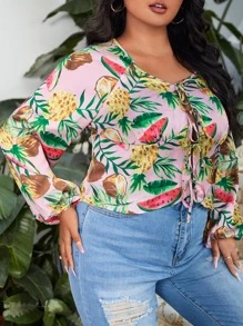 SHEIN VCAY 大碼前繫帶水果印花襯衫 - 彩色 - 查看 1