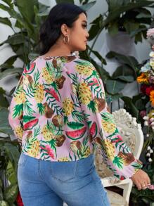 SHEIN VCAY 大碼前繫帶水果印花襯衫 - 彩色 - 查看 2