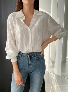 DAZY 纯色纽扣前襟衬衫、长袖上衣、秋装 - 白色 - 查看 1